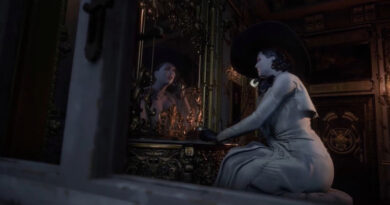 Lady Dimitrescu from Resident Evil: Village doing her makeup in a mirror