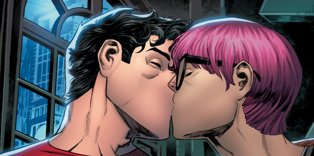 Bisexual Superman Clark Kent kissing a pink haired boy with glasses