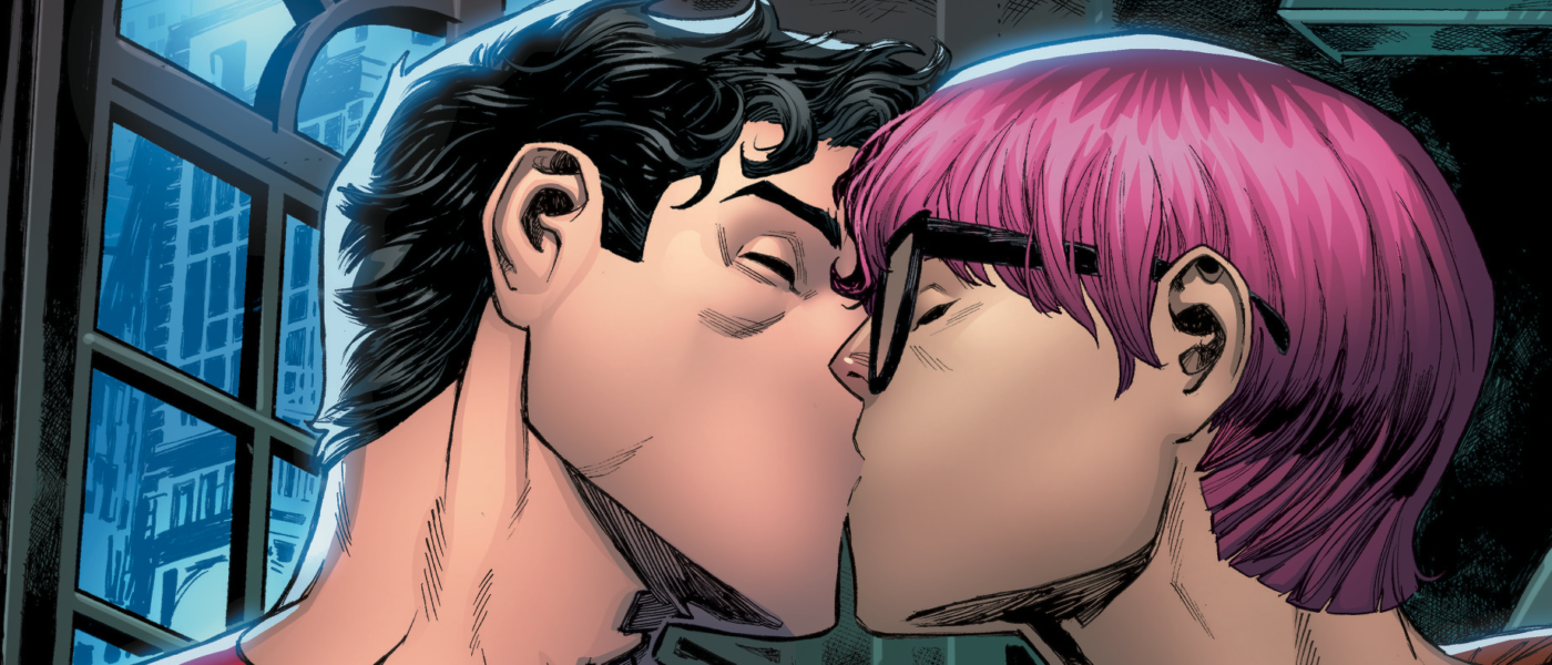 Bisexual Superman Clark Kent kissing a pink haired boy with glasses