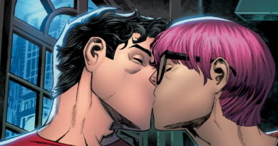 Bisexual Superman Clark Kent kissing a pink haired boy with glasses