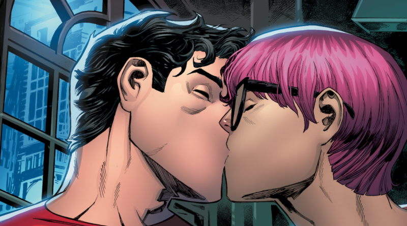 Bisexual Superman Clark Kent kissing a pink haired boy with glasses