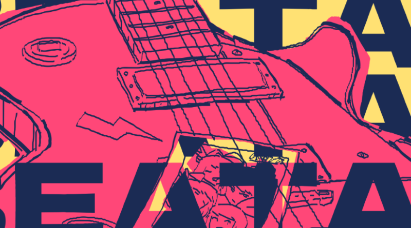 Art for UNBEATABLE with the game's title repeated in the background and a hot pink guitar in the foreground