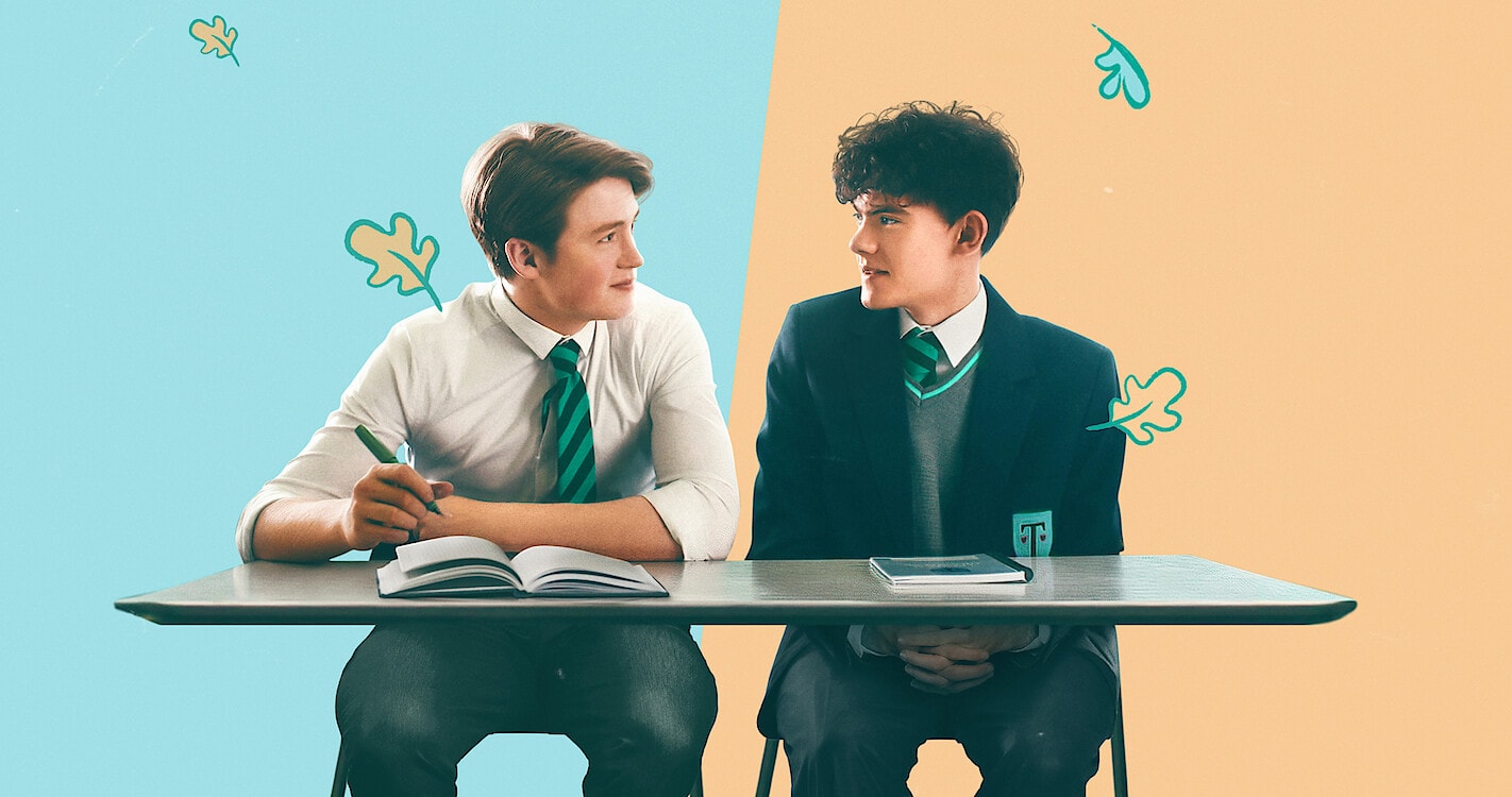 Heartstopper promo art featuring main characters Nick and Charlie, played by Kit Connor and Joe Locke