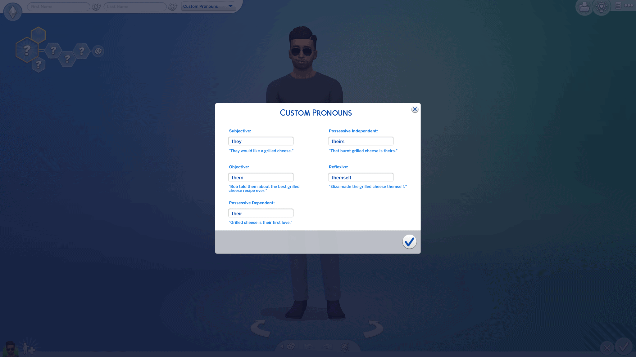 Screenshot of the pronoun customization screen in the new Sims 4 update