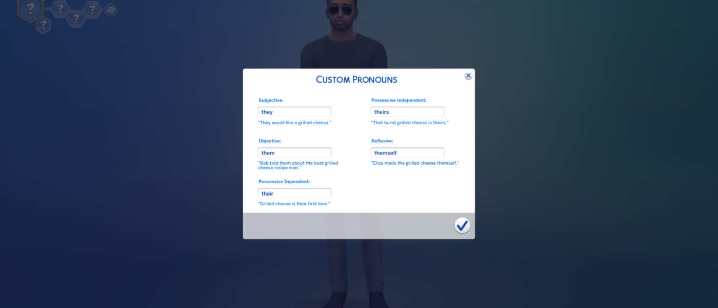 Screenshot of the pronoun customization screen in the new Sims 4 update