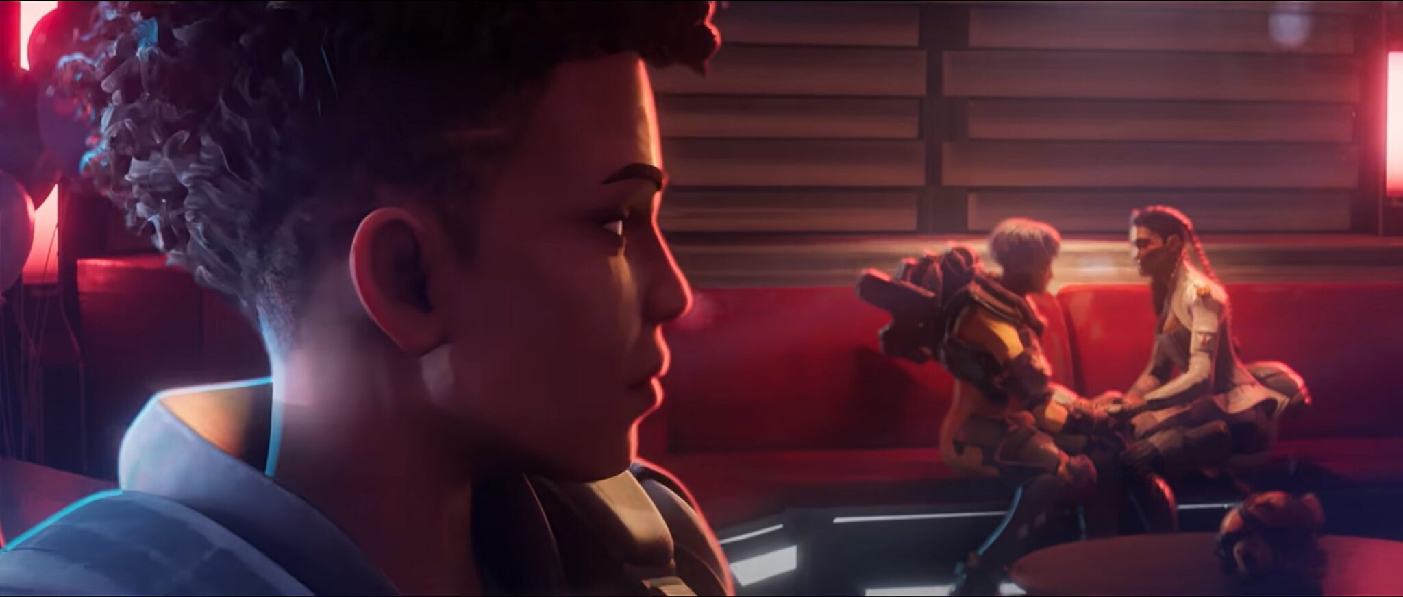Screenshot of Bangalore looking over at Valkyrie and Loba holding hands in the Apex Legends Season 13 trailer