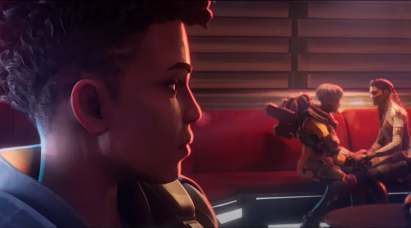 Screenshot of Bangalore looking over at Valkyrie and Loba holding hands in the Apex Legends Season 13 trailer