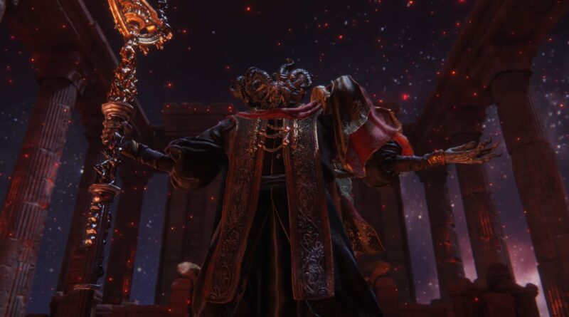 Screenshot of Mohg welcoming the player to his dynasty