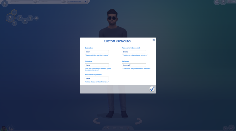 Screenshot of the pronoun customization screen in the new Sims 4 update