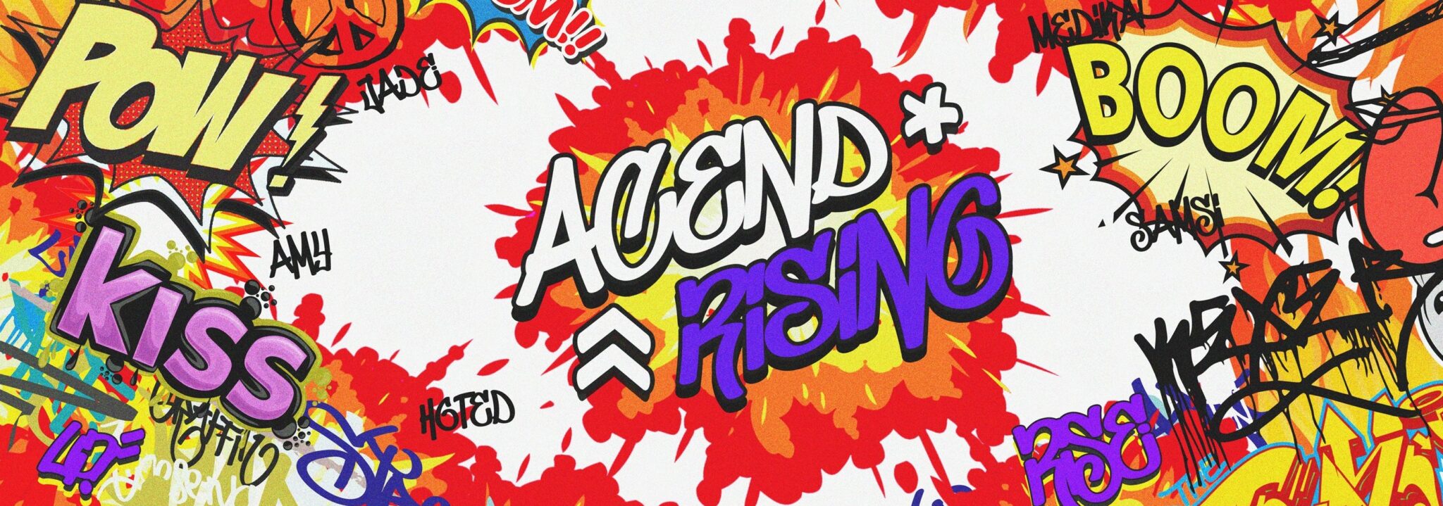 Graffiti style graphic for Acend Rising featuring all five player names