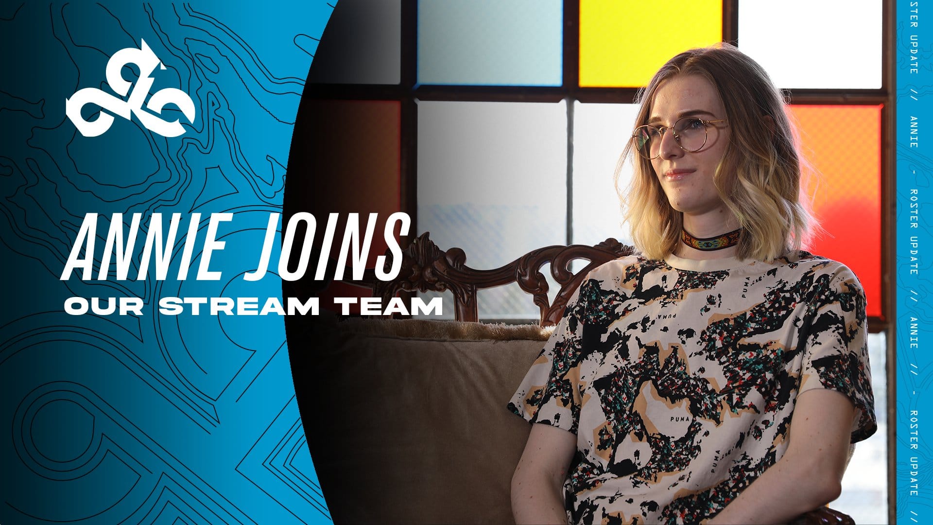 Graphic with a photo of Annie Roberts formerly of Cloud9 White that says Annie joins our stream team