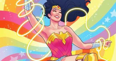Art of Wonder Woman with a rainbow background for Pride
