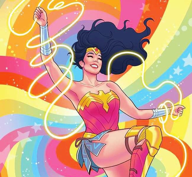 Art of Wonder Woman with a rainbow background for Pride