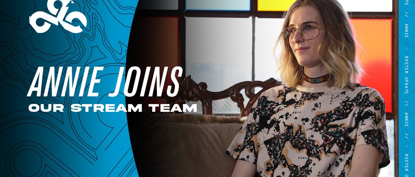 Graphic with a photo of Annie Roberts formerly of Cloud9 White that says Annie joins our stream team