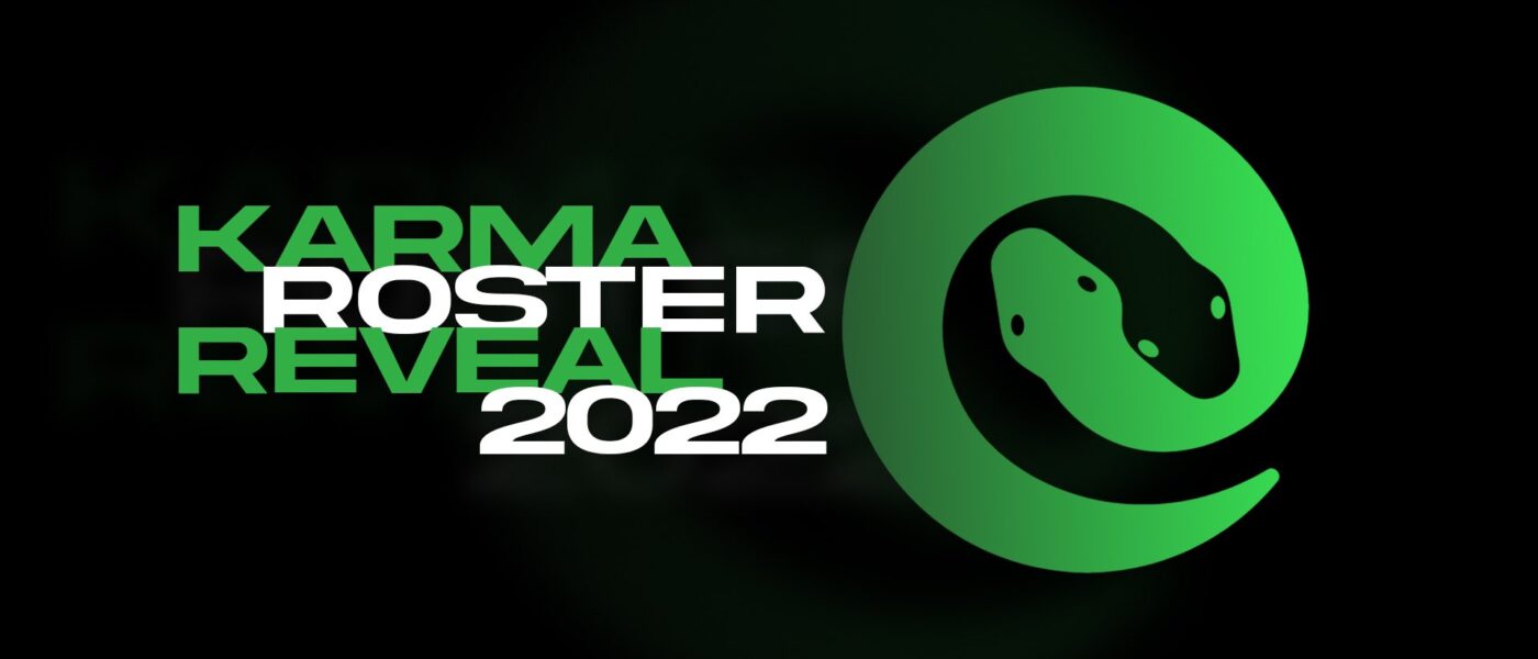 KARMA Roster reveal 2022 graphic with the KARMA double snake logo for the new Valorant team