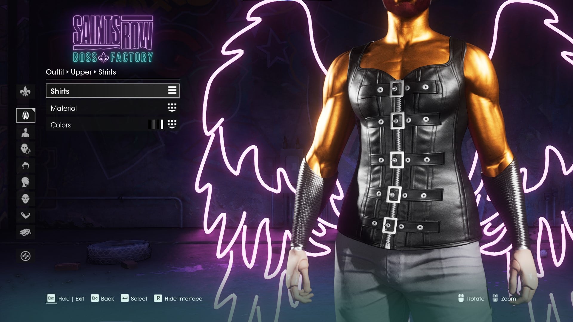 The Saints Row Boss Factory shirts screen. The character is wearing a leather corset