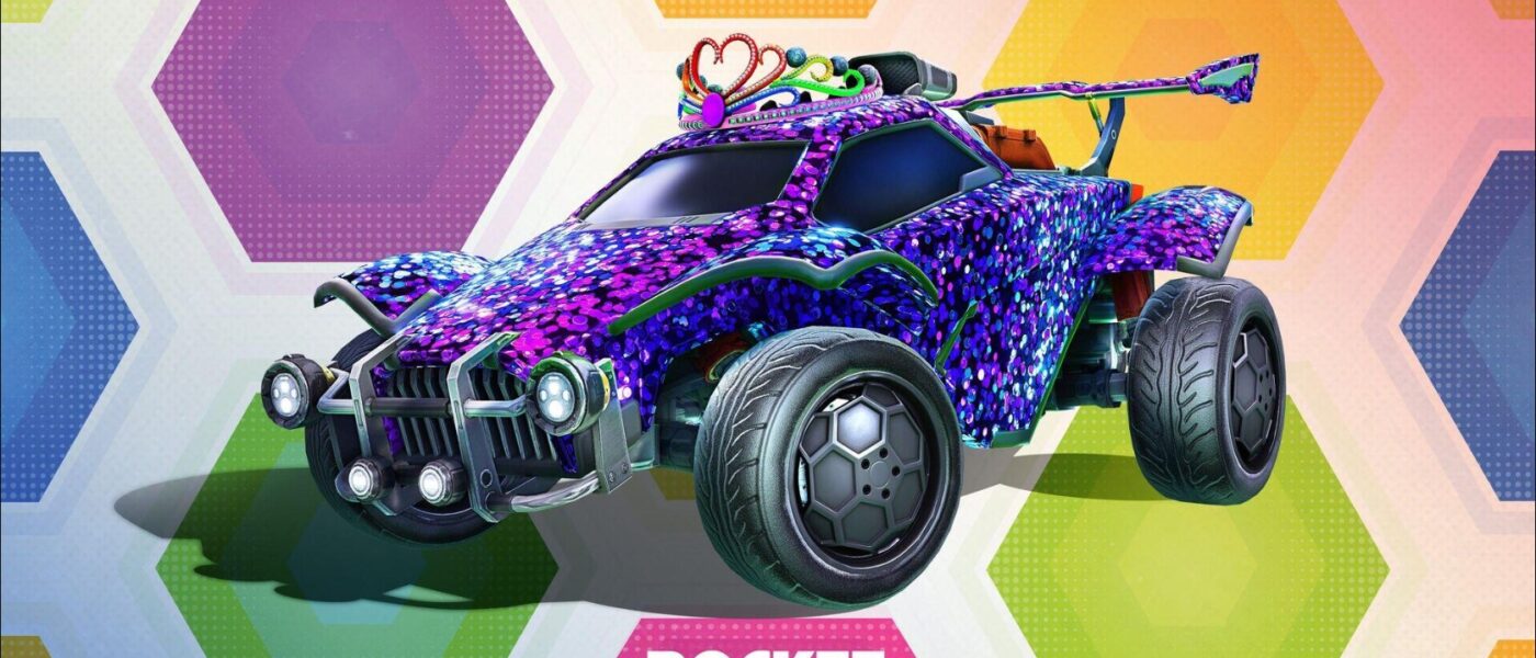 Rocket League car equipped with the sequin paint and tiara cosmetic from the Shine Through Bundle