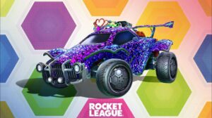 Rocket League car equipped with the sequin paint and tiara cosmetic from the Shine Through Bundle