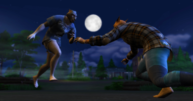 Screenshot of Sims werewolves fighting under a full moon