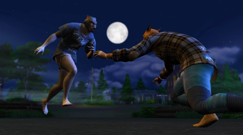 Screenshot of Sims werewolves fighting under a full moon