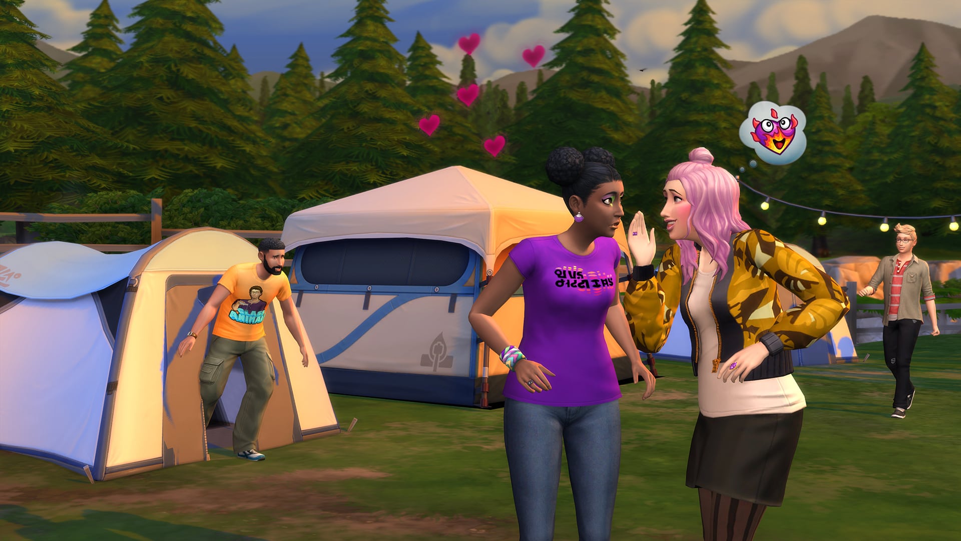 Screenshot of Sims talking in the camping update