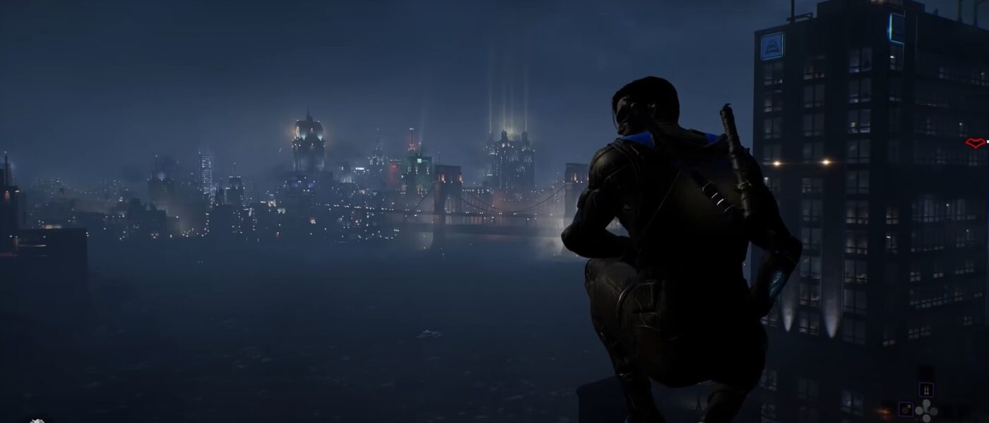 Screenshot from a Gotham Knights demo of Nightwing sitting above the city