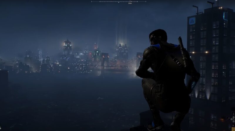 Screenshot from a Gotham Knights demo of Nightwing sitting above the city