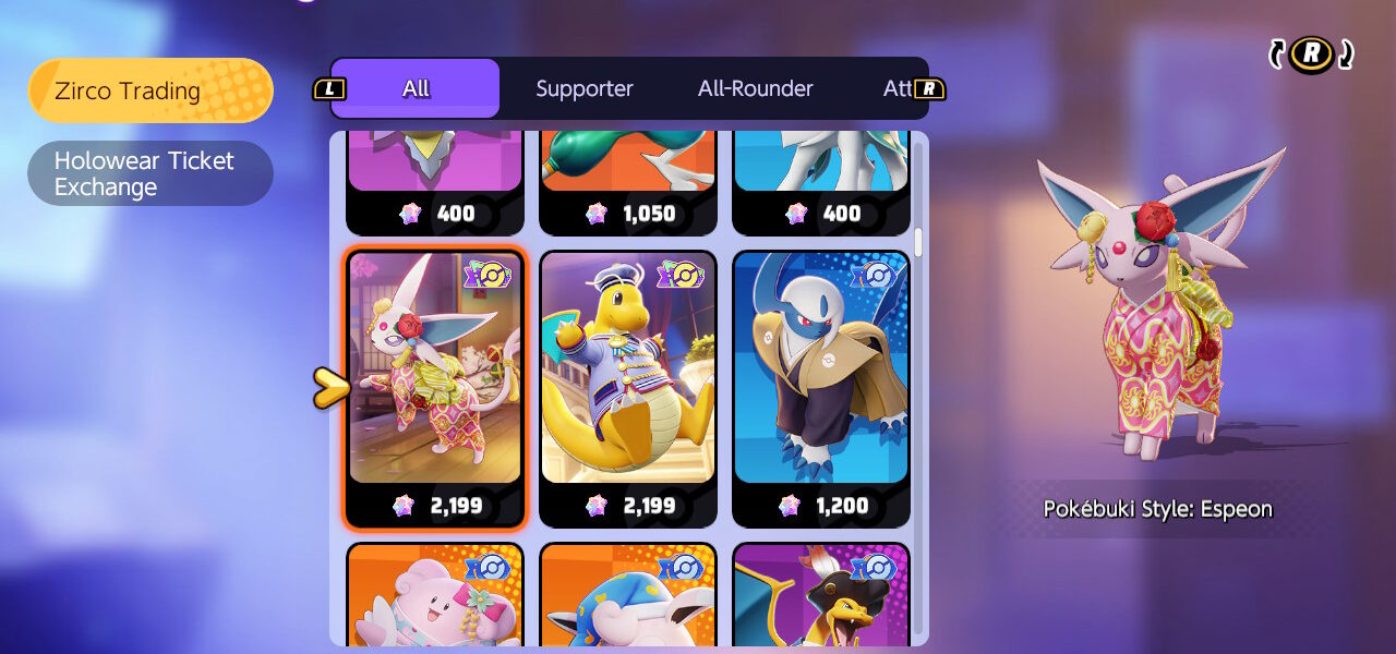 Screenshot of Pokebuki style Espeon in Pokémon UNITE