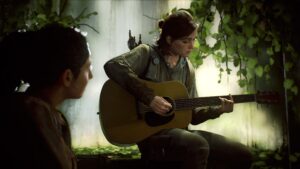 Ellie and Dinah in The Last of Us Part II. Ellie is playing a guitar while Dinah watches