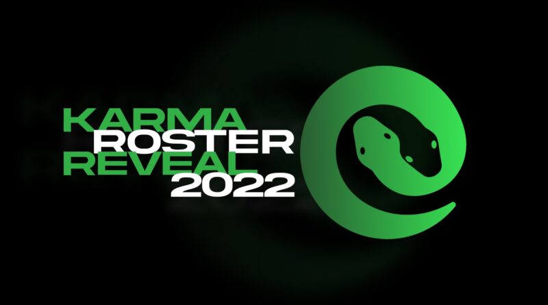 KARMA Roster reveal 2022 graphic with the KARMA double snake logo for the new Valorant team