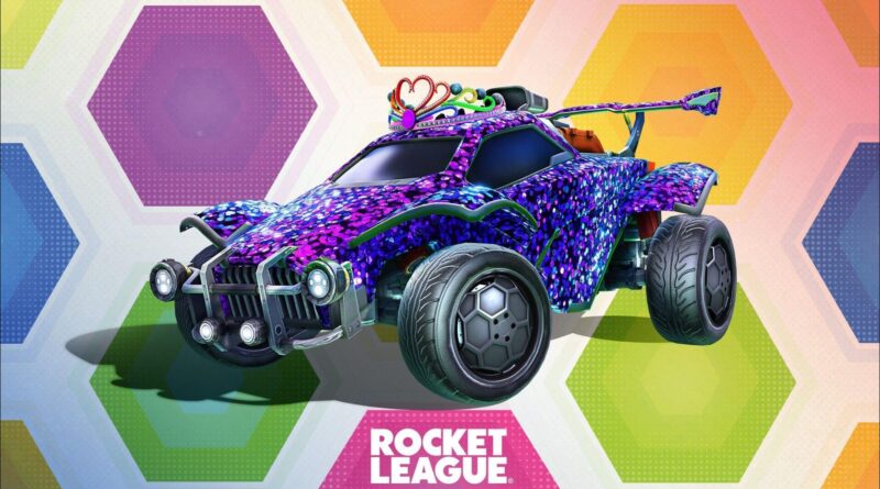Rocket League car equipped with the sequin paint and tiara cosmetic from the Shine Through Bundle