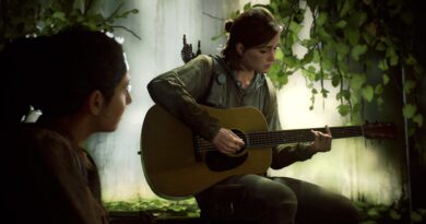 Ellie and Dinah in The Last of Us Part II. Ellie is playing a guitar while Dinah watches