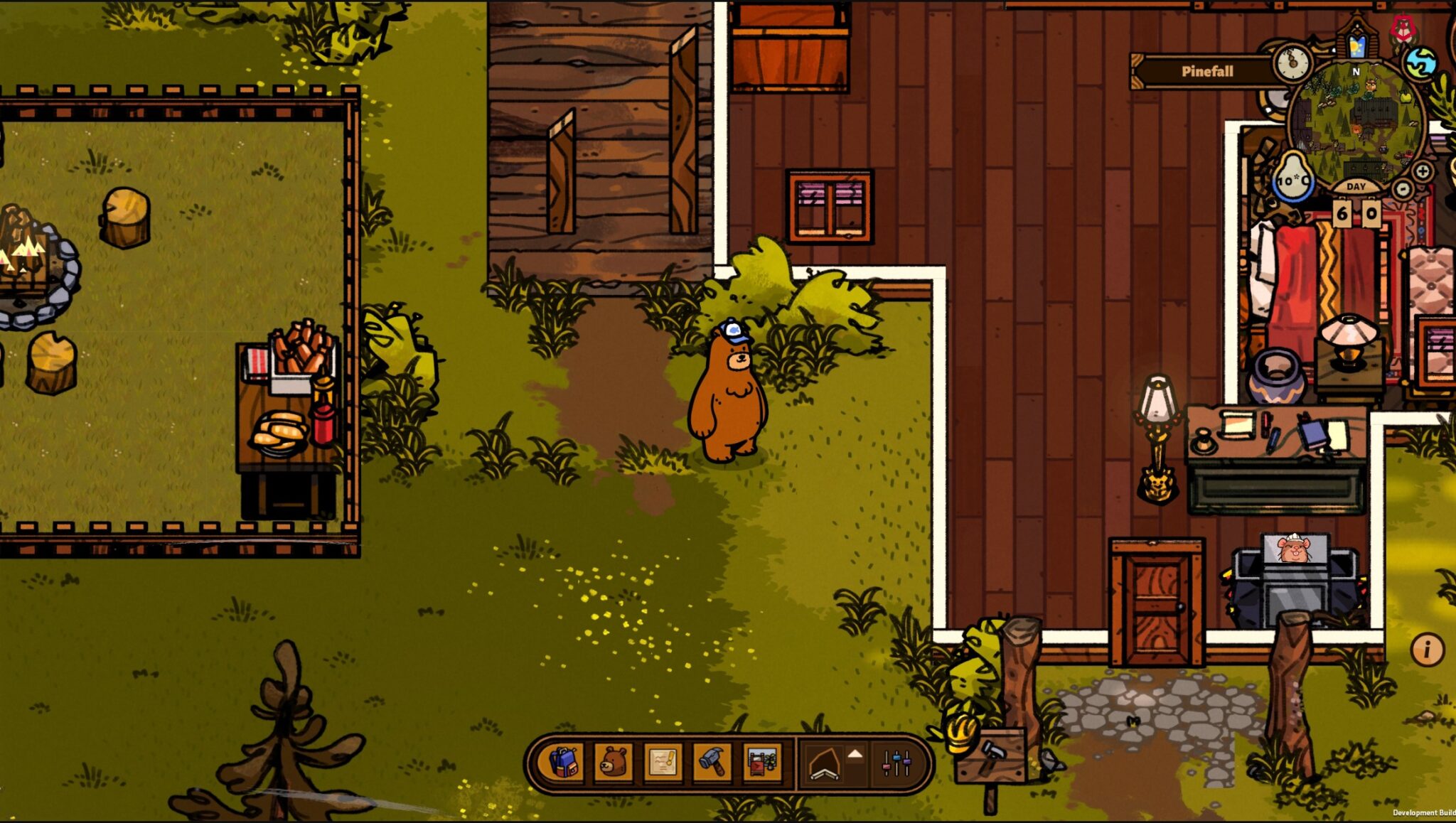 Screenshot of Hank the bear standing outside a cabin near a campsite fire pit
