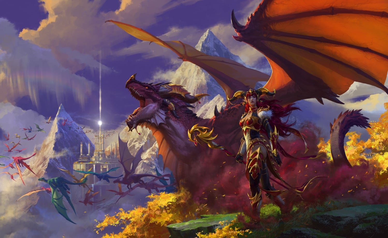 World of Warcraft: Dragonflight art featuring a warrior and dragon standing on a hill