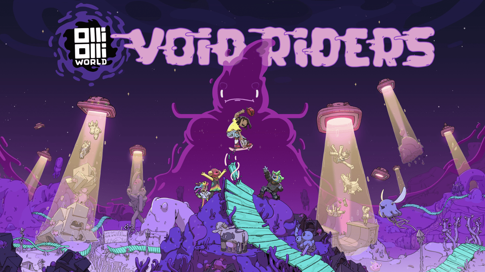OlliOlli World VOID Riders and OXENFREE crossover graphic