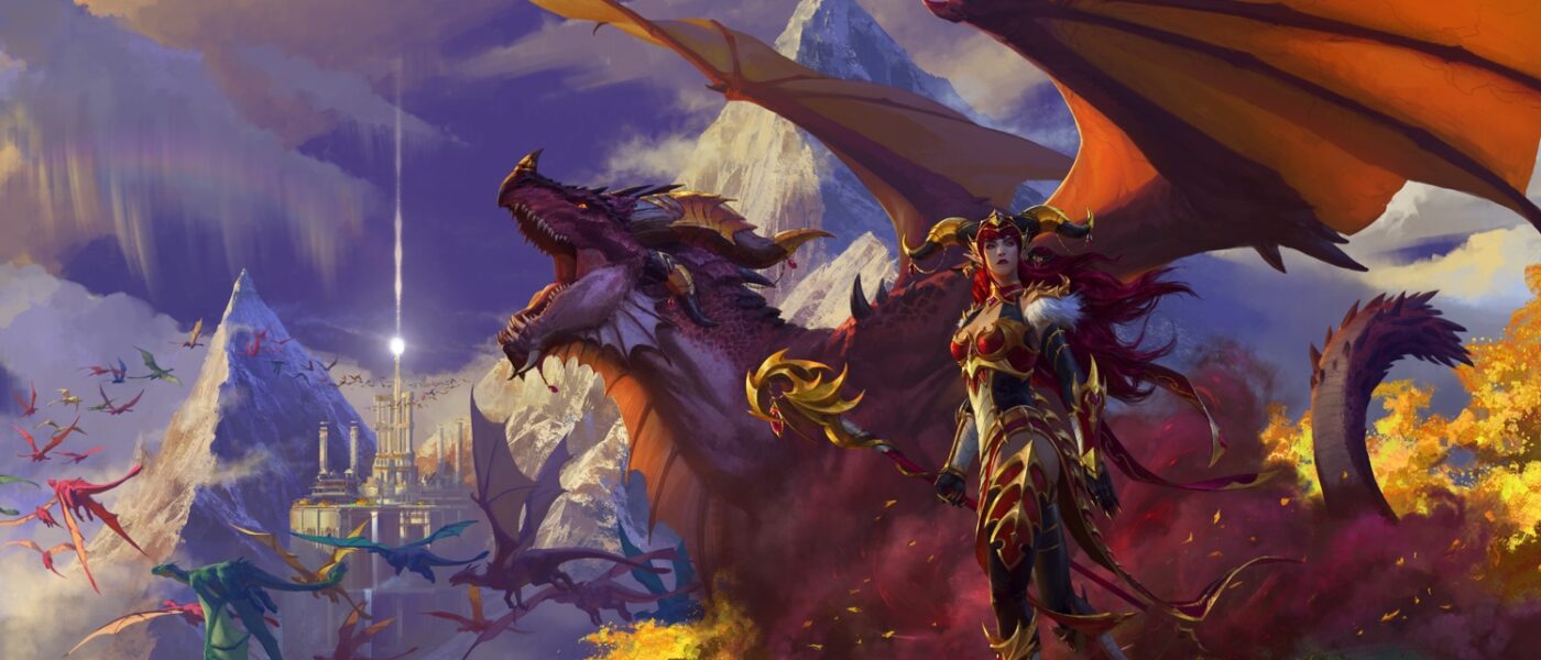 World of Warcraft: Dragonflight art featuring a warrior and dragon standing on a hill