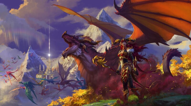 World of Warcraft: Dragonflight art featuring a warrior and dragon standing on a hill