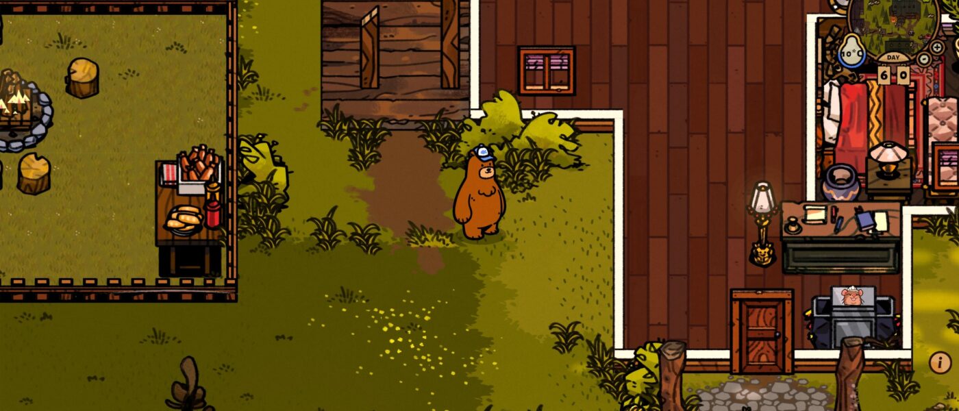 Screenshot of Hank the bear standing outside a cabin near a campsite fire pit