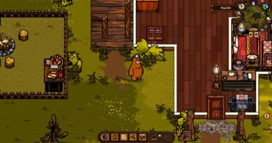 Screenshot of Hank the bear standing outside a cabin near a campsite fire pit