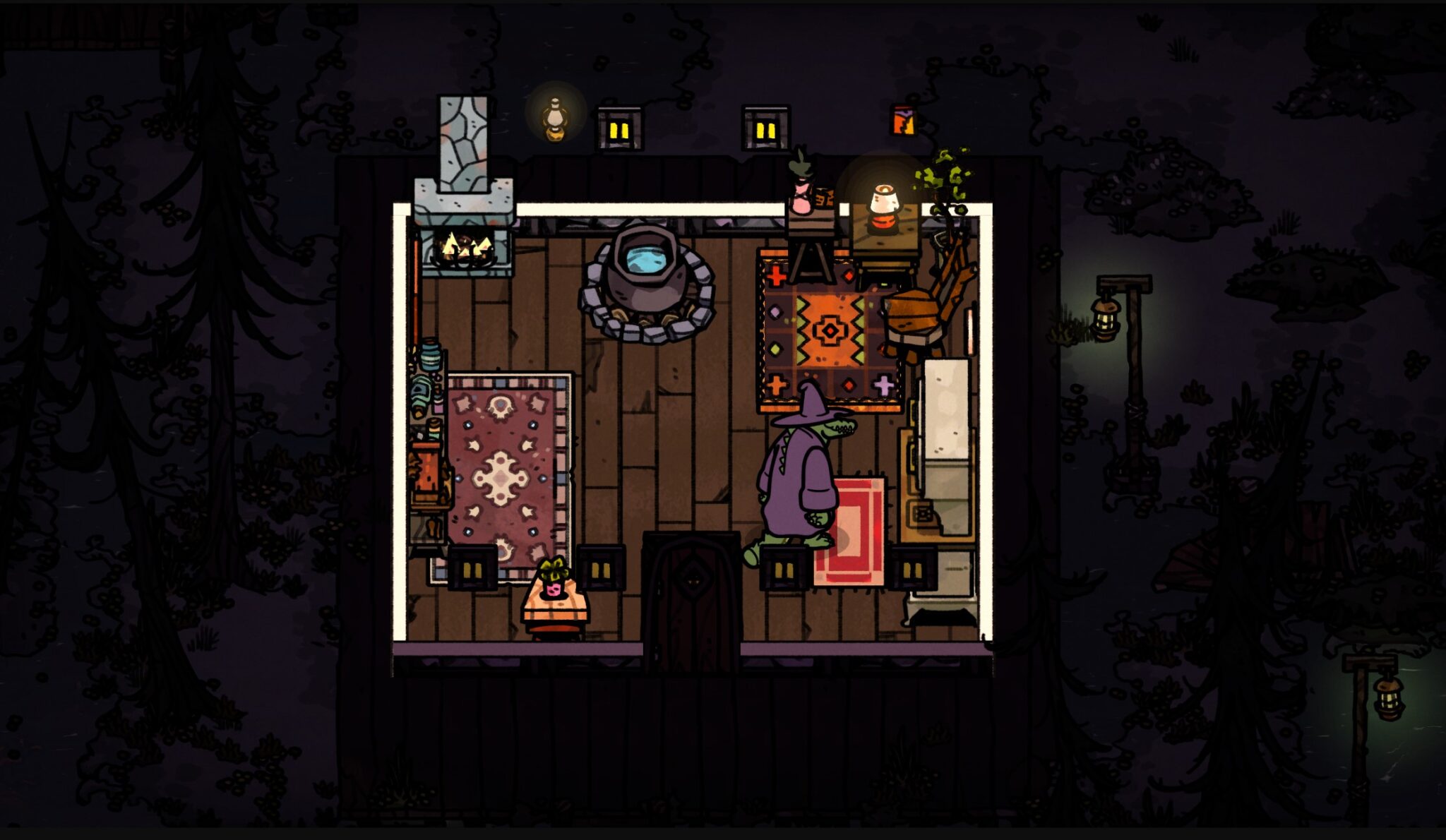 Screenshot of the crocodile witch's hut in Bear and Breakfast