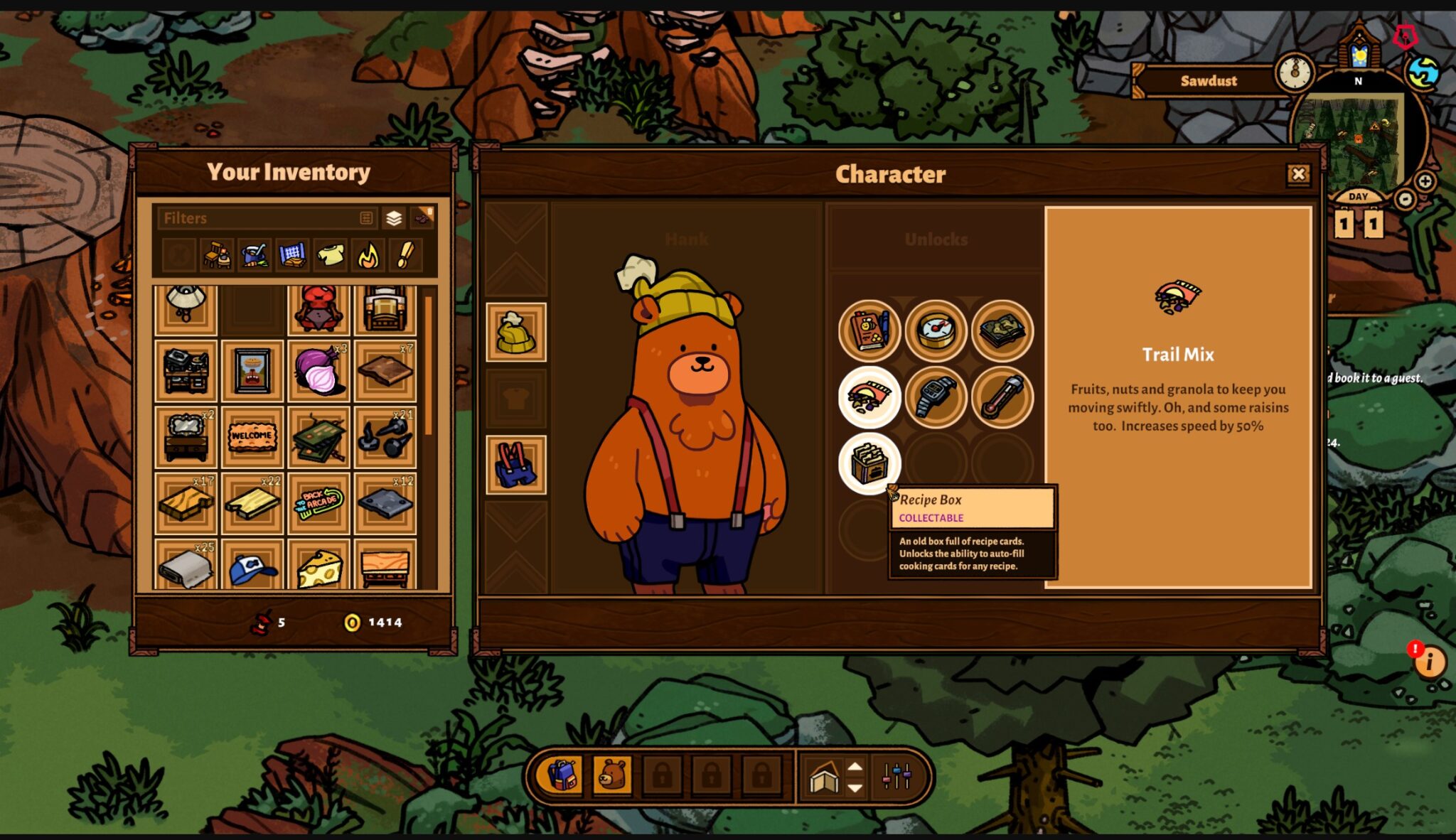 Screenshot of the character screen in Bear and Breakfast. Hank the bear is wearing pants with suspenders and a winter knit cap