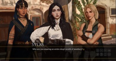 Screenshot from Sigh of the Abyss. A character named Sylas is asking "why are you wearing a shop's worth of jewelry" to three women facing the camera