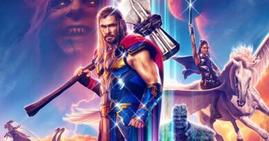 Thor: Love and Thunder movie poster featuring Chris Hemsworth as Thor on the left and Tessa Thompson on the right as Valkyrie