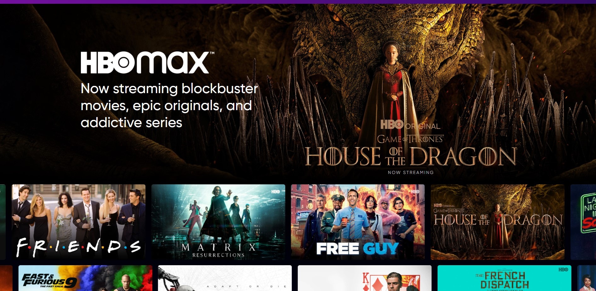 Screenshot of the HBO Max homescreen