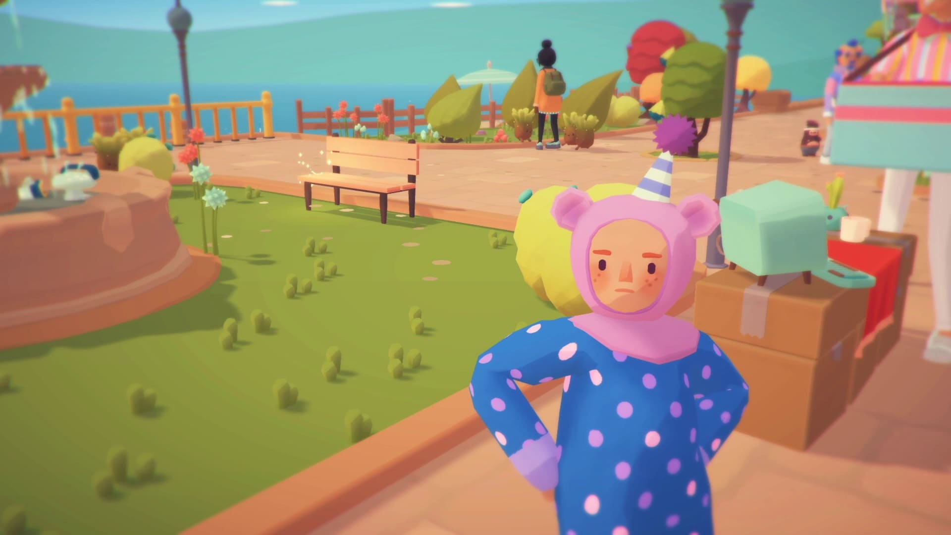 Screenshot of Taffy from Ooblets standing in the town square