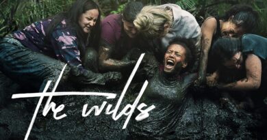 The Wilds promo art featuring one of the teen girls being pulled out of dark mud by the others