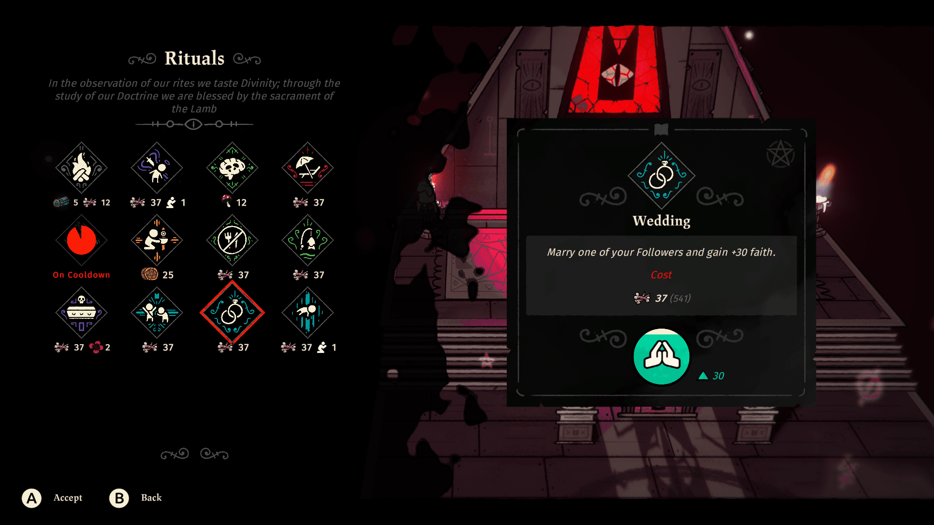 Screenshot of the ritual screen in Cult of the Lamb with the wedding ritual highlighted.
