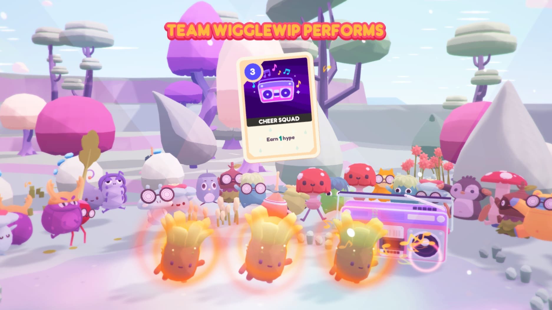 Screenshot of wigglewip ooblets dancing next to a boombox