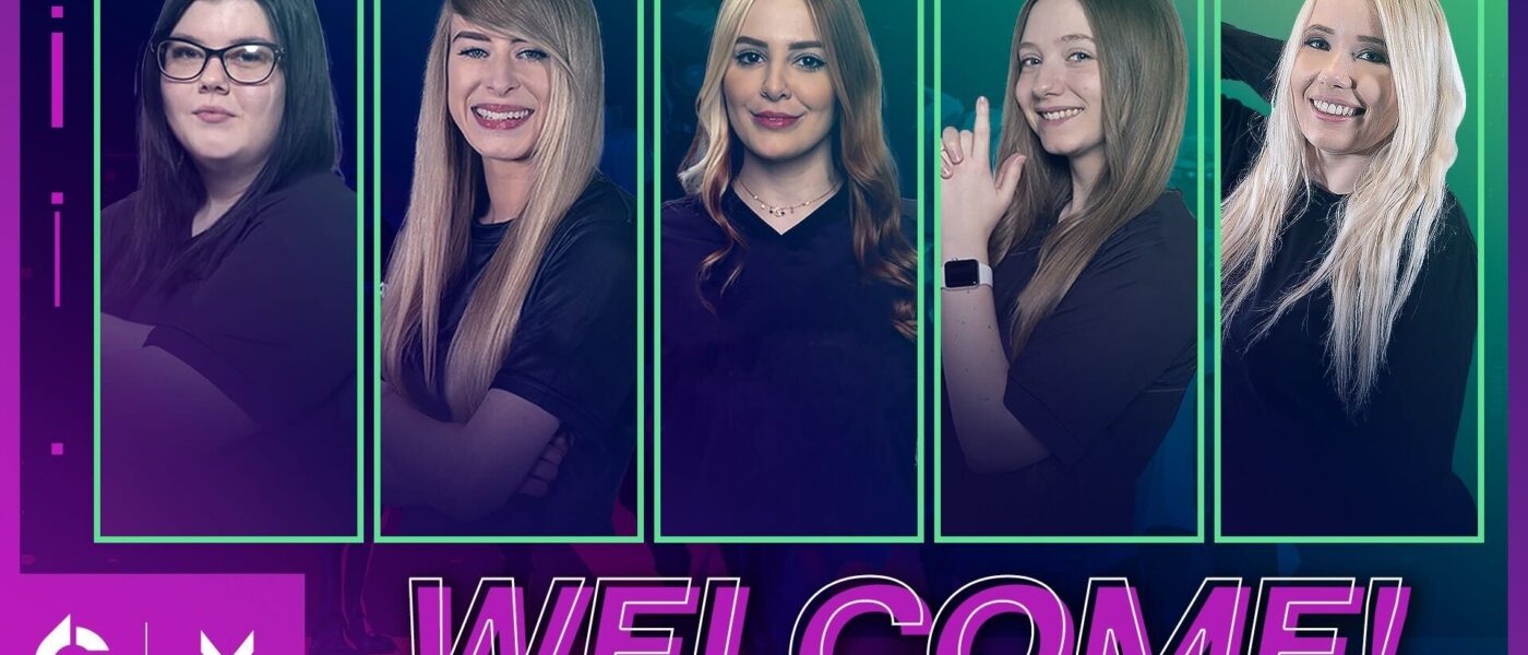 Welcome graphic featuring all five members of the Evil Geniuses women's Valorant roster
