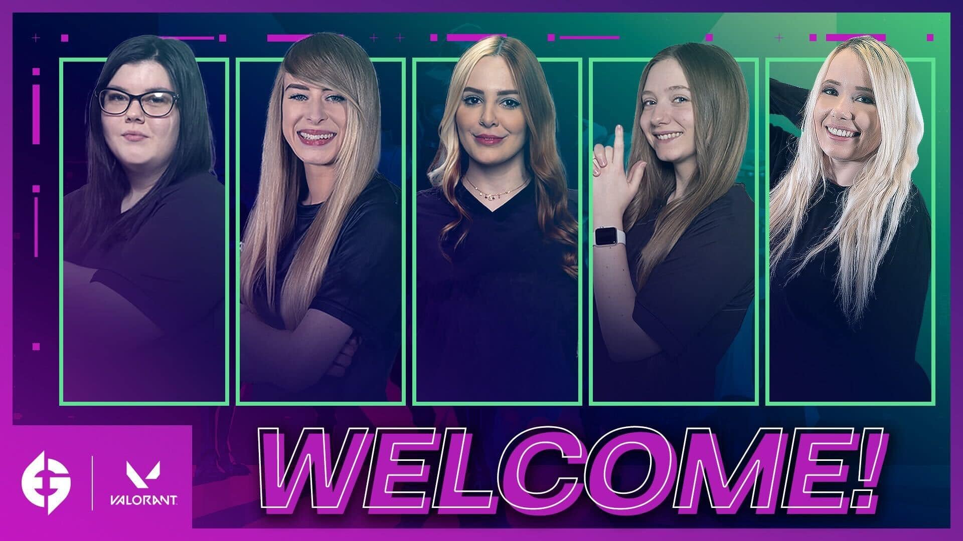 Welcome graphic featuring all five members of the Evil Geniuses women's Valorant roster